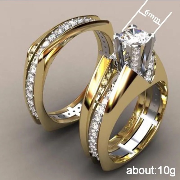 New Women’s 2pc Set Yellow Gold Plated Diamond Ring - Picture 3 of 5